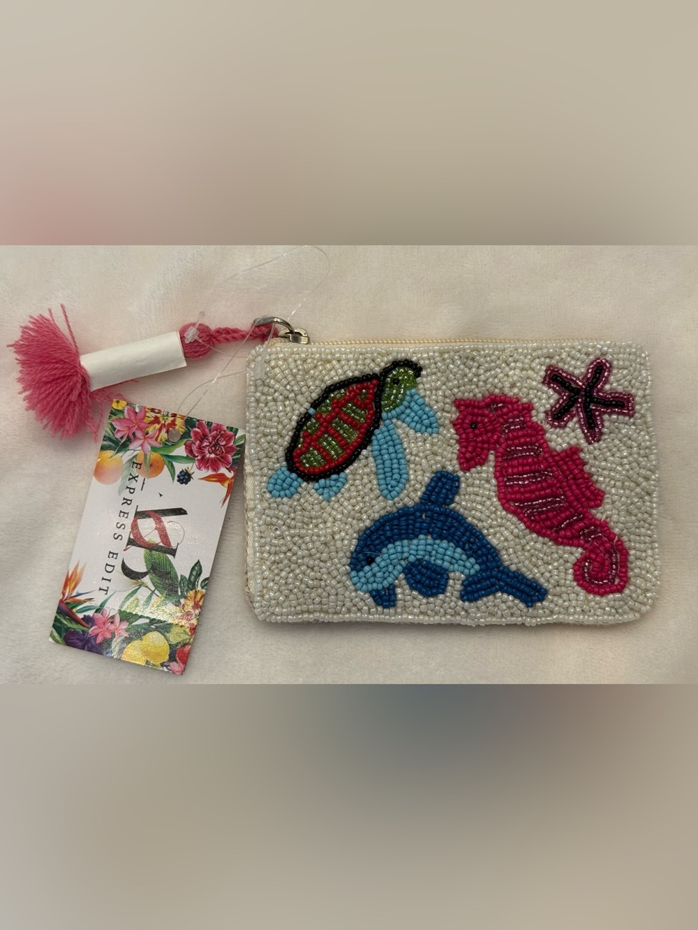 Express Edit handcrafted Beaded Sea life coin pouch/wallet. Pink Tassel. NWT
